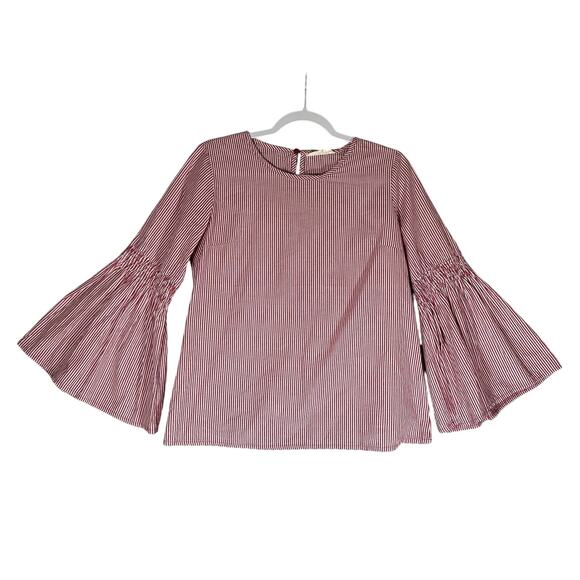 Solitaire Dark Pink Pinstripe‎ Bell Sleeve Blouse Sz S Cotton Blend Flared - Picture 2 of 11